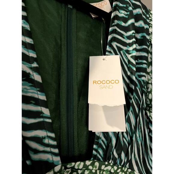 Rococo Sand Animal Print Satin Irene Gown Puff Sleeve Sheath Dress Large - Picture 8 of 11